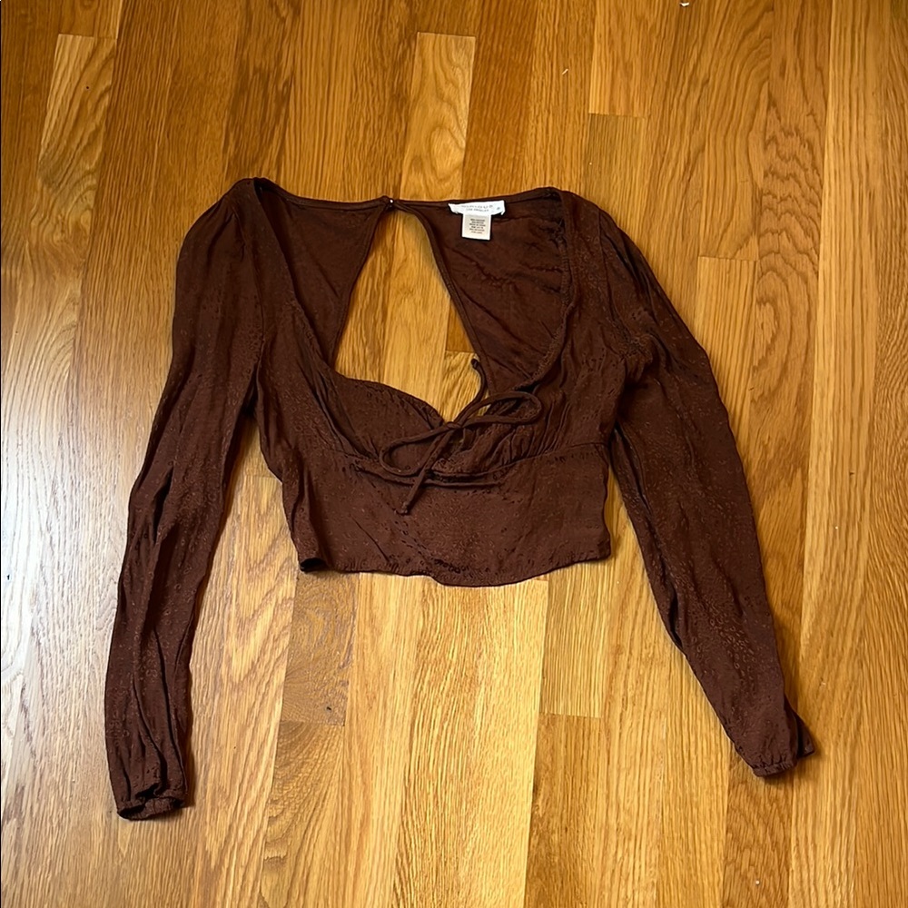 Brown Long Sleeve Blouse with Cut Out and Tie Front